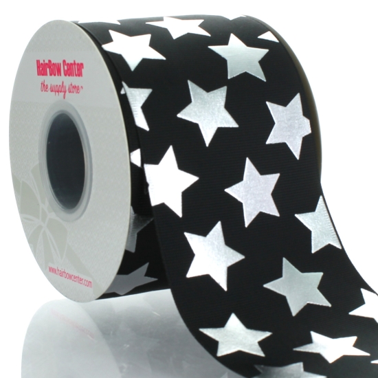 3" Black w/ Silver Foil Stars Cheer Grosgrain Ribbon