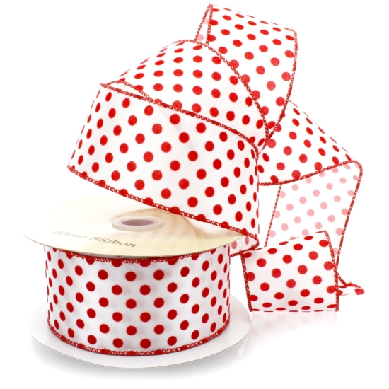 2 1/2" Wired Ribbon White with Red Flocked Dots