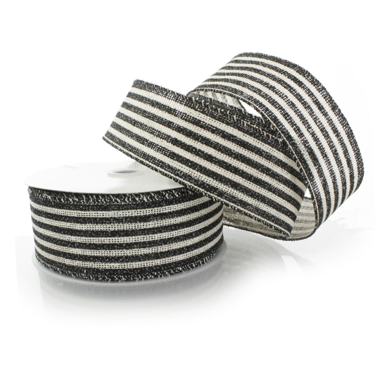 2 1/2" Wired Ribbon Black/Off-White Narrow Farmhouse Stripes Burlap