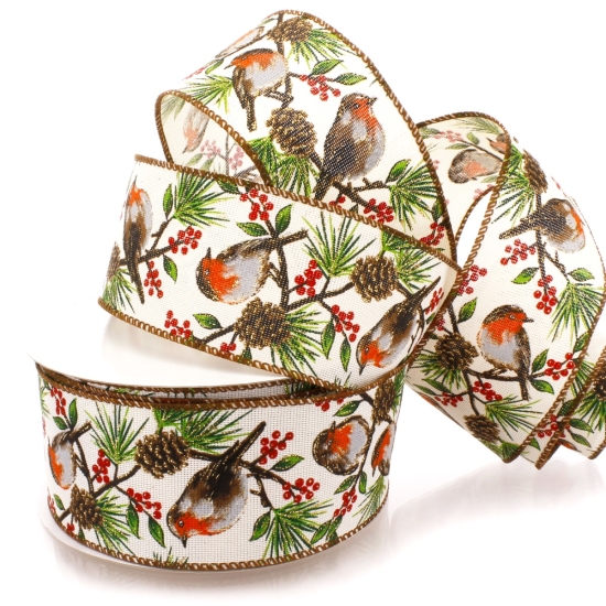 2 1/2" Wired Ribbon Winter Robin