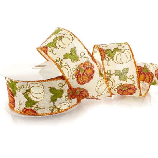 2 1/2" Wired Ribbon Pumpkins on Cream Linen