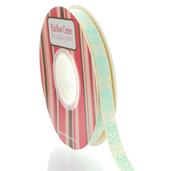 3/8" Ivory w/ Aqua Damask Grosgrain Ribbon