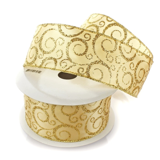 2 1/2" Wired Ribbon Glitter Swirl Scrolls Gold