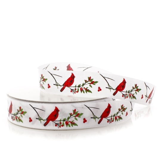 7/8" Red Cardinal on White Ribbon