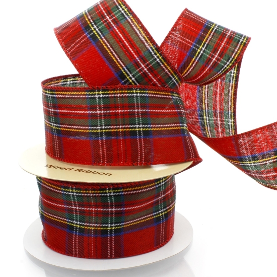 2 1/2" Wired Ribbon Vintage Red/Blue Tartan Plaid