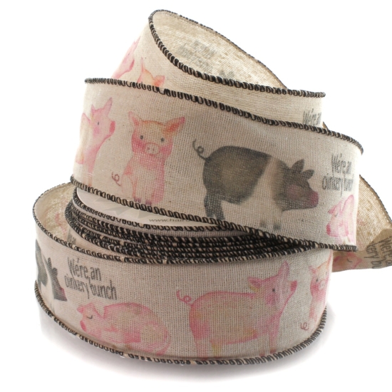 2 1/2" Wired Ribbon Little Piggies Burlap