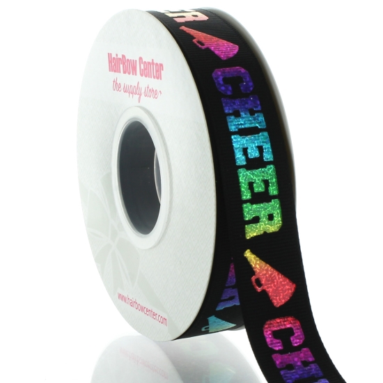 7/8" Ombre Holographic Rainbow Cheer Text Grosgrain Ribbon