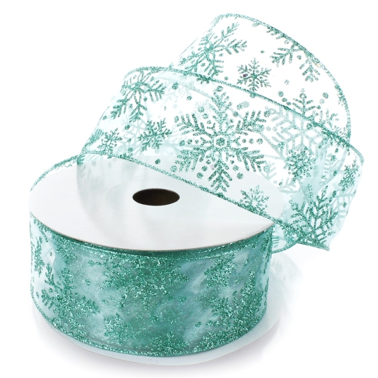 2 1/2" Wired Ribbon Glitter Snowflakes Sheer Aqua