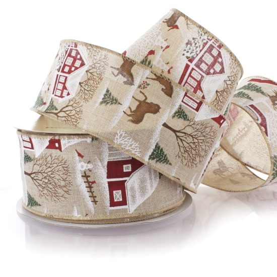 2 1/2" Wired Ribbon Snowy Winter Yard