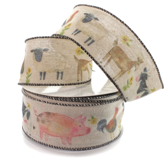 2 1/2" Wired Ribbon Farm Animals Burlap