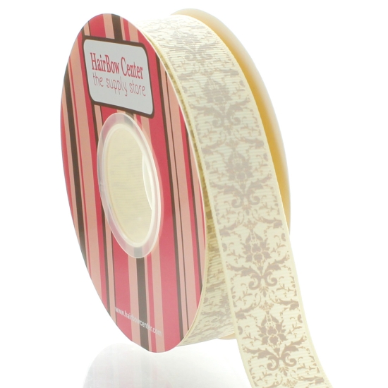 7/8" Ivory Taupe Damask Grosgrain Ribbon