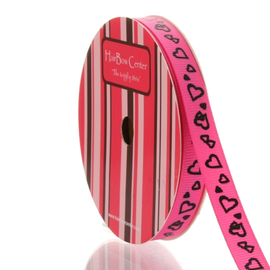 3/8" Hot Pink/Black Hearts Grosgrain Ribbon