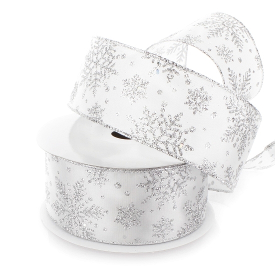 2 1/2" Wired Ribbon Glitter Snowflakes Satin White/Silver