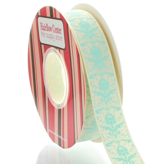 7/8" Ivory Aqua Damask Grosgrain Ribbon