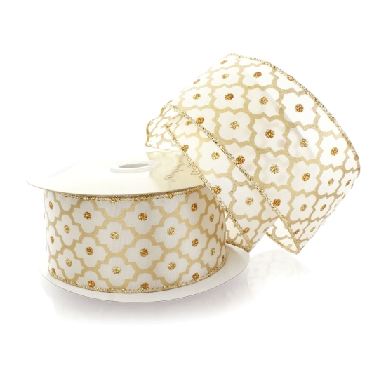 2 1/2" Wired Ribbon Gold Glitter Quatrefoil