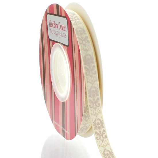 3/8" Ivory w/ Taupe Damask Grosgrain Ribbon