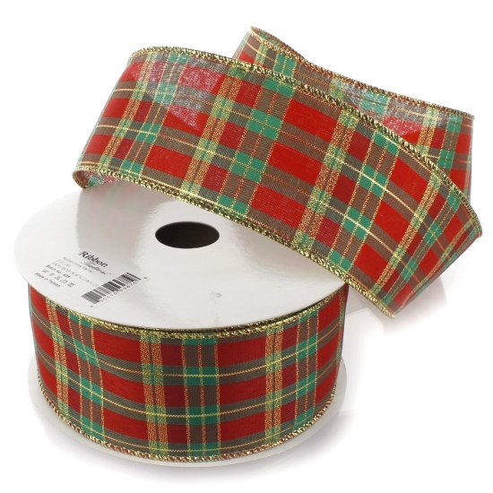 2 1/2" Wired Ribbon Red/Green Christmas Tartan Plaid