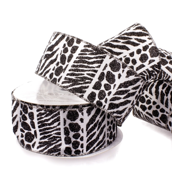 2 1/2" Wired Ribbon Glitter Zebra Animal Print