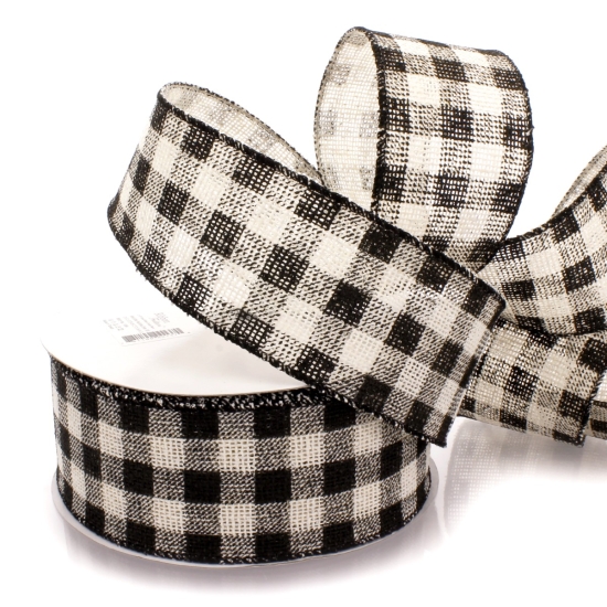 2 1/2" Wired Ribbon Rustic Black/White Buffalo Plaid Burlap