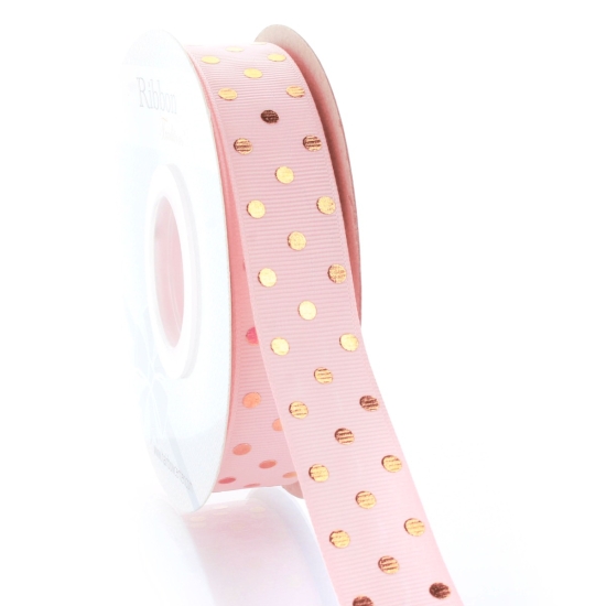 7/8" Pink Blush/Gold Foil Dots Grosgrain Ribbon