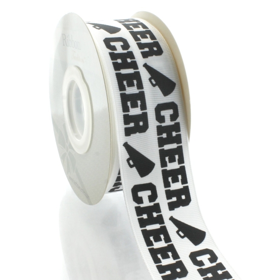 1.5" White/Black Cheer Text Grosgrain Ribbon