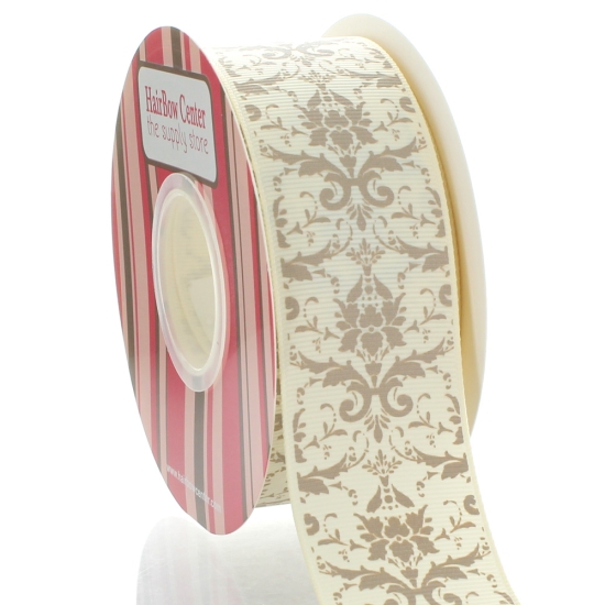 1.5" Ivory Taupe Damask Grosgrain Ribbon