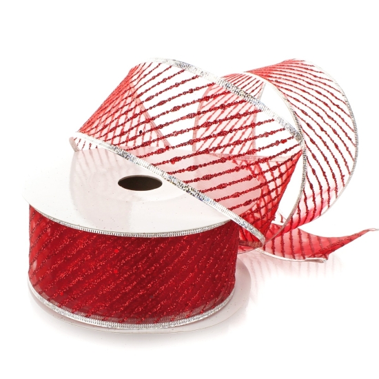 2 1/2" Wired Ribbon Metallic Banded Edge Sheer Diagonal Stripes Red/Silver