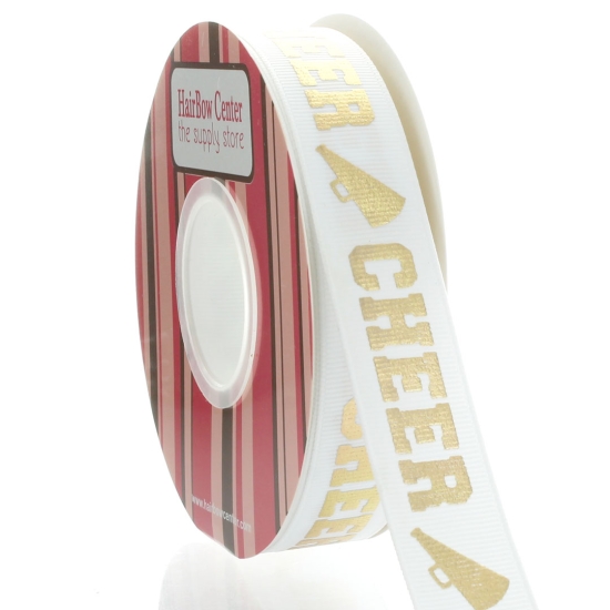 7/8" Gold Foil Cheer Text Grosgrain Ribbon