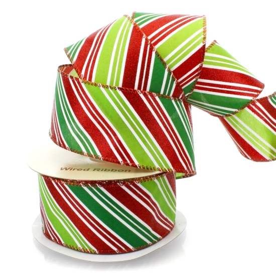 2 1/2" Wired Ribbon Christmas Red/Green/White Diagonal Stripes