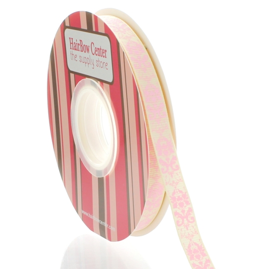 3/8" Ivory w/ Pink Damask Grosgrain Ribbon