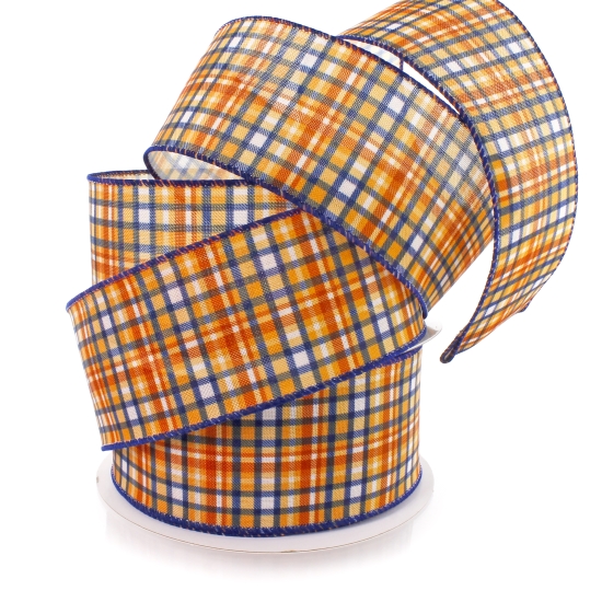 2 1/2" Wired Ribbon Fall Plaid Gold/Navy/Rust Orange