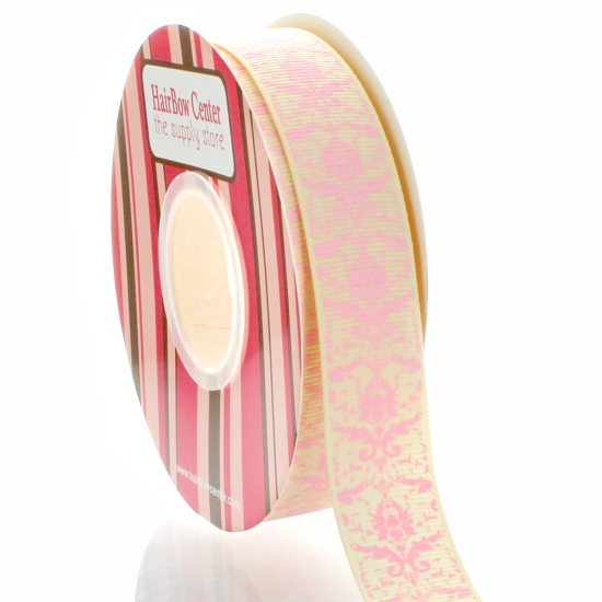 7/8" Ivory Pink Damask Grosgrain Ribbon