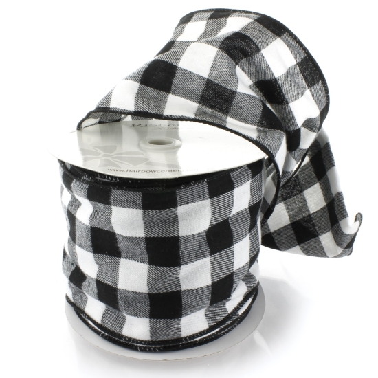 4.75" Wired White/Black Flannel Buffalo Plaid Ribbon