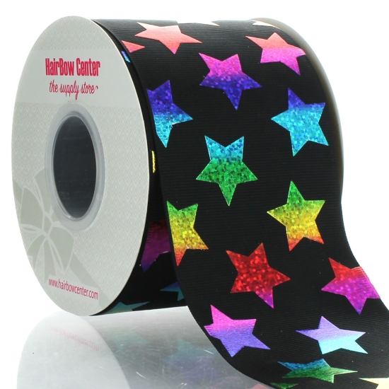 3" Black w/ Ombre Holographic Rainbow Stars Cheer Grosgrain Ribbon