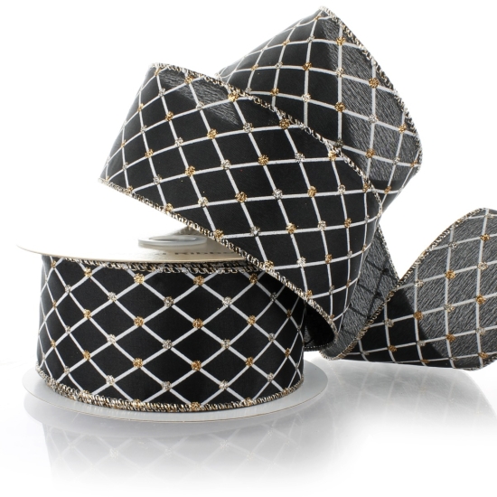 2 1/2" Wired Ribbon Glitter Diamond - Black