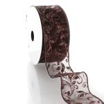 2 1/2" Wired Ribbon Glitter Swirl Leaves Brown Sheer