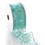 2 1/2" Wired Ribbon Glitter Snowflakes Sheer Aqua