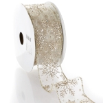 2 1/2" Wired Ribbon Glitter Snowflakes Sheer Ivory/Gold