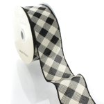 2 1/2" Wired Ribbon Off-White/Black Diagonal Buffalo Plaid