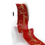 2 1/2" Wired Ribbon Gold Glitter Merry Christmas Red