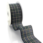 2 1/2" Wired Ribbon Navy/Emerald Green Tartan Plaid