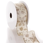 2 1/2" Wired Ribbon Glitter Snowflakes Satin Light Gold