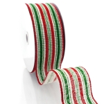 2 1/2" Wired Ribbon Christmas Red/Green/White Stripes Burlap