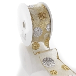 2 1/2" Wired Ribbon Large Glitter Dots Gold/Silver