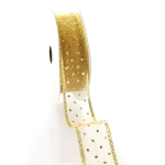 1 1/2" Wired Ribbon Metallic Banded Edge Sheer Glitter Dots Gold