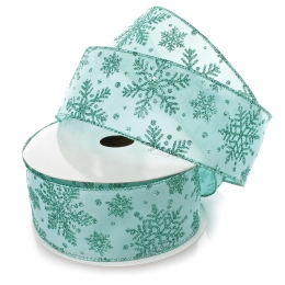 2 1/2" Wired Ribbon Glitter Snowflakes Satin Aqua