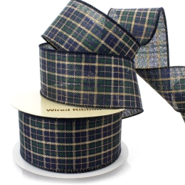 2 1/2" Wired Ribbon Navy/Emerald Green Tartan Plaid