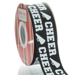 1.5" Black/White Cheer Text Grosgrain Ribbon