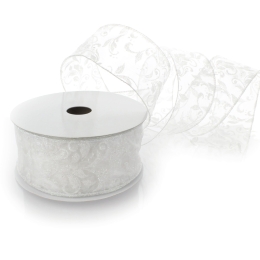 2 1/2" Wired Ribbon Glitter Swirl Leaves White Sheer