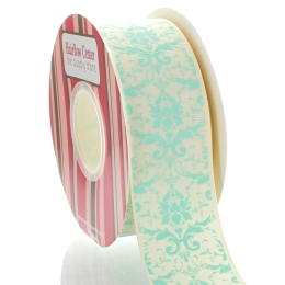 1.5" Ivory Aqua Damask Grosgrain Ribbon